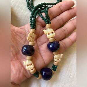 Vintage Bohemian Fetish Carved Elephant Beaded Necklace African‎
